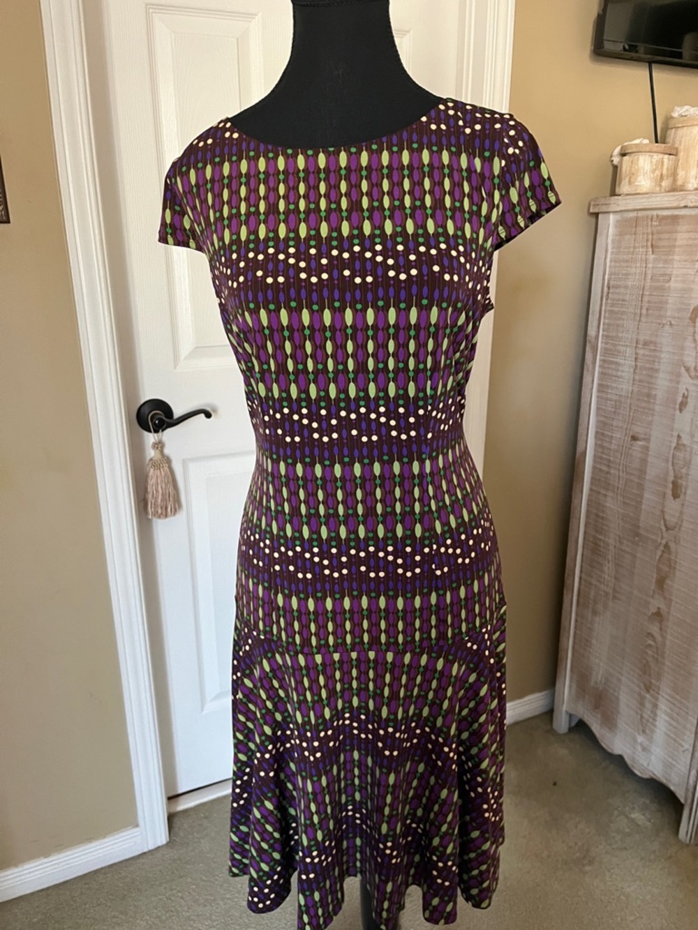 Julian Taylor Purple Geometric Cap-Sleeve Midi Dress, Size 10